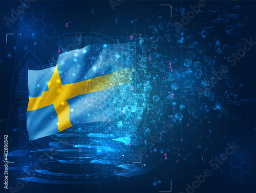 Sweden,  vector 3d flag on blue background with hud interfaces
