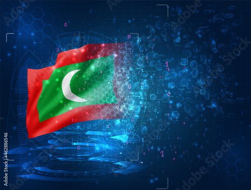 Maldives, vector 3d flag on blue background with hud interfaces