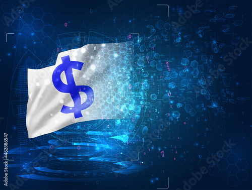 dollar currency on vector 3d flag on blue background with hud interfaces