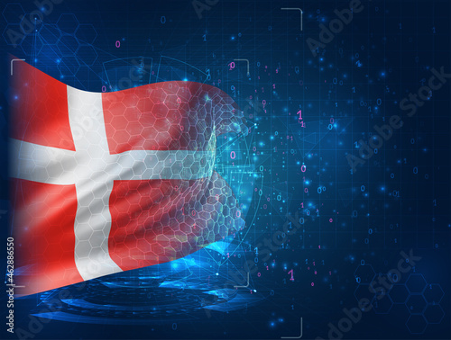 Denmark, vector 3d flag on blue background with hud interfaces