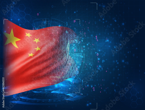 China, vector 3d flag on blue background with hud interfaces