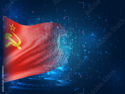 red banner of communism USSR vector 3d flag on blue background with hud interfaces