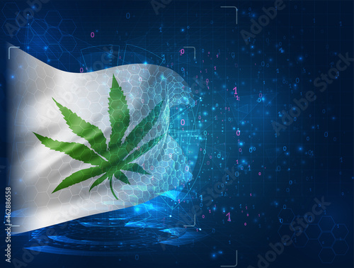 hemp leaf, vector 3d flag on blue background with hud interfaces