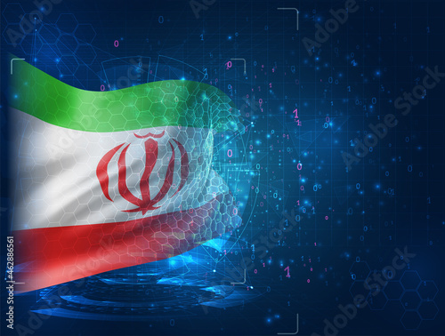 Iran, vector 3d flag on blue background with hud interfaces