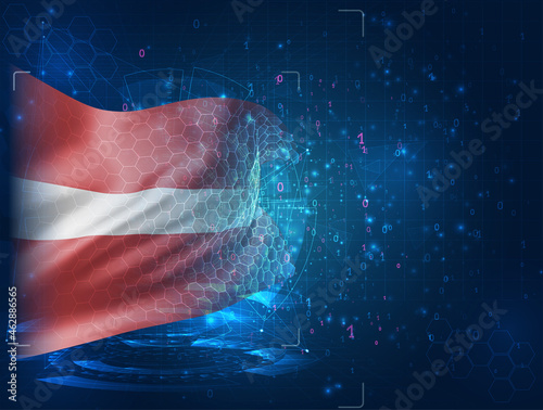Latvia, vector 3d flag on blue background with hud interfaces