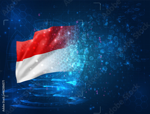 Monaco, Indonesia, vector 3d flag on blue background with hud interfaces