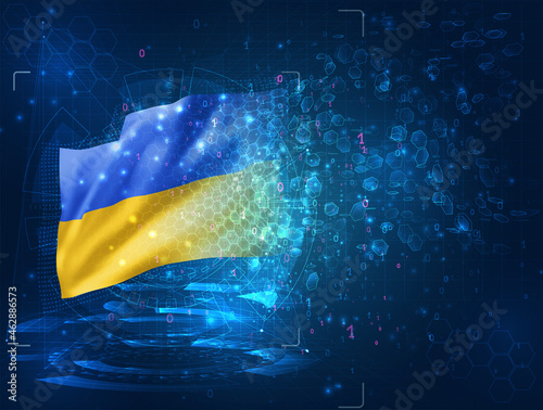 Ukraine, vector 3d flag on blue background with hud interfaces