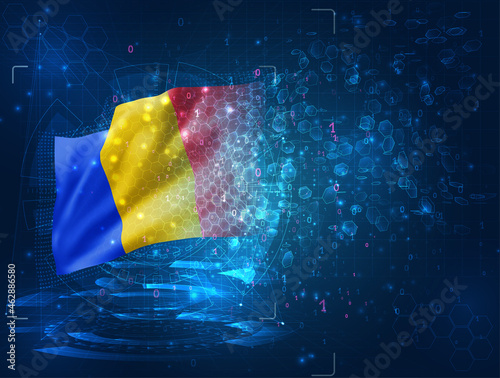 Romania  vector 3d flag on blue background with hud interfaces
