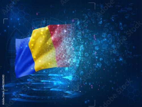 Romania, vector 3d flag on blue background with hud interfaces
