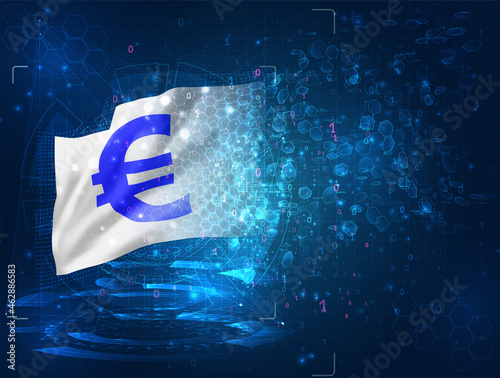 euro currency on vector 3d flag on blue background with hud interfaces