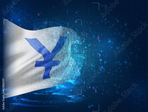 yen currency on vector 3d flag on blue background with hud interfaces