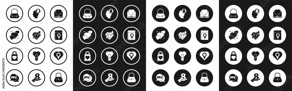 Set Online dating app and chat, Diamond, Heart, Handbag, Book about women, 8 March human head, Female gender heart and Shopping with icon. Vector Set Online dating app and chat, Diamond, Heart, Handbag, Book about women, 8 March human head, Female gender heart and Shopping with icon. Vector