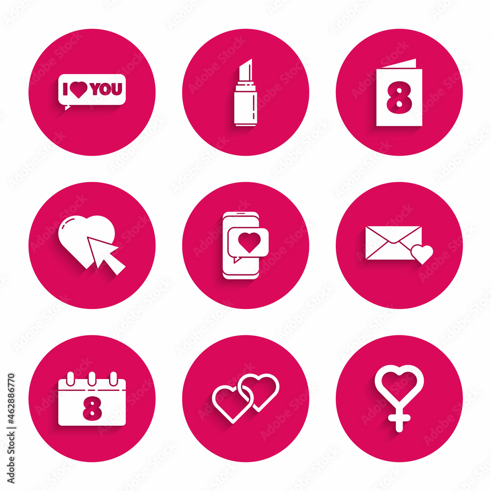 Set Online dating app and chat, Two Linked Hearts, Female gender symbol, Envelope with 8 March, Calendar, cursor click, Greeting card and Speech bubble I love you icon. Vector Set Online dating app and chat, Two Linked Hearts, Female gender symbol, Envelope with 8 March, Calendar, cursor click, Greeting card and Speech bubble I love you icon. Vector