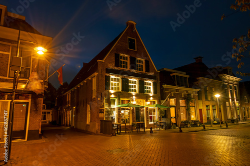Medieval houses in the historical town Dokkum in the Netherlands at night