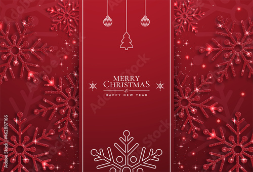 Christmas background with shining red snowflakes and snow. Merry Christmas card illustration on red background. Sparkling red snowflakes with glitter texture