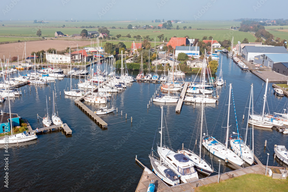 Aerial from a small harbor in Warns Friesland the Netherlands
