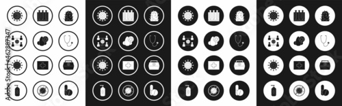 Set Rabies virus, Runny nose and, Virus spread, Stethoscope, Blood test, First aid kit and icon. Vector