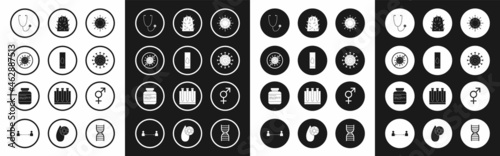Set Virus, Blood test and virus, Stop, Stethoscope, Rabies, Gender and Medicine bottle pills icon. Vector