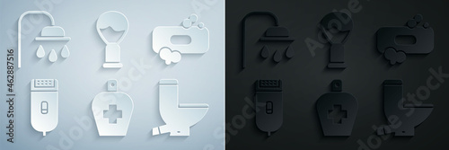 Set Bottle of liquid antibacterial soap, Bar, Electrical hair clipper or shaver, Toilet bowl, Shaving brush and Shower head icon. Vector