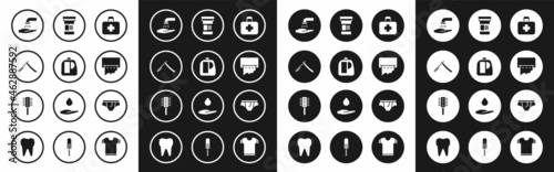 Set First aid kit, Bottles for cleaning agent, Straight razor, Washing hands with soap, Paper towel dispenser on wall, Medicine bottle, Underwear and Hairbrush icon. Vector