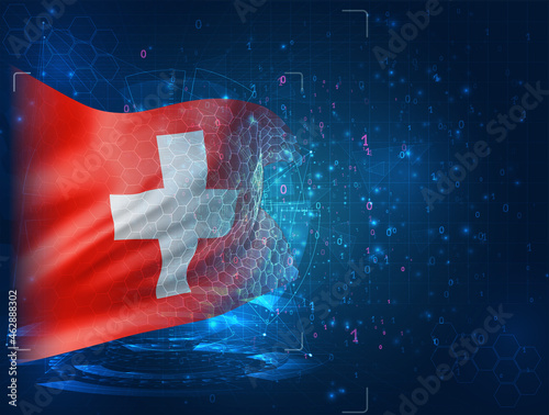 Switzerland, vector 3d flag on blue background with hud interfaces