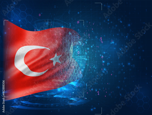 Turkey, vector 3d flag on blue background with hud interfaces