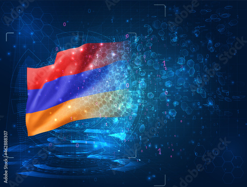 Armenia,  vector 3d flag on blue background with hud interfaces