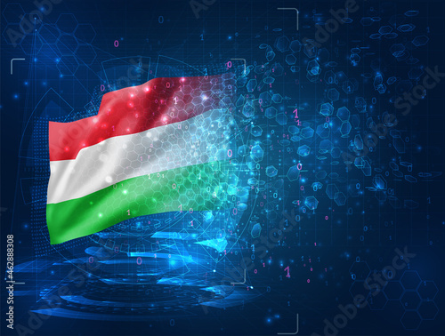 Hungary, vector 3d flag on blue background with hud interfaces