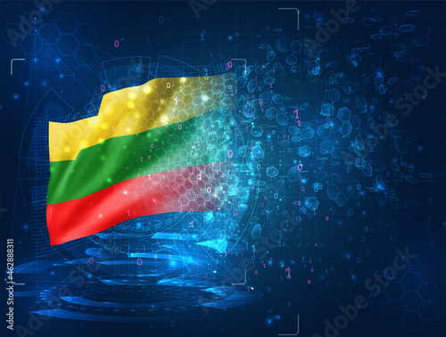 Lithuania  vector 3d flag on blue background with hud interfaces