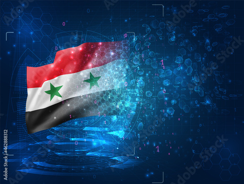 Syria, vector 3d flag on blue background with hud interfaces