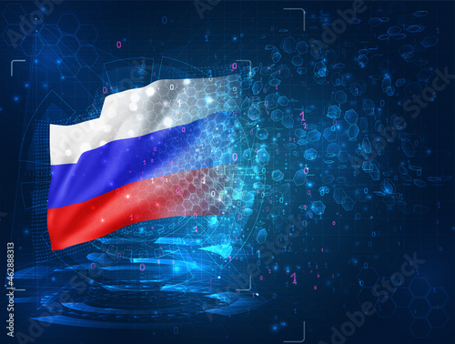 Russia  vector 3d flag on blue background with hud interfaces