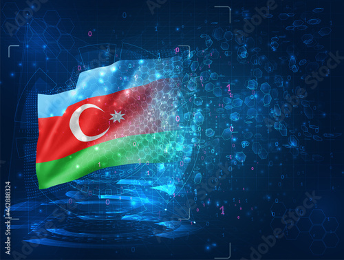 Azerbaijan, vector 3d flag on blue background with hud interfaces