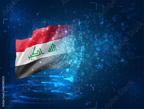 Iraq, vector 3d flag on blue background with hud interfaces
