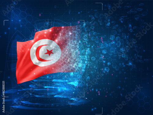 Tunisia, vector 3d flag on blue background with hud interfaces