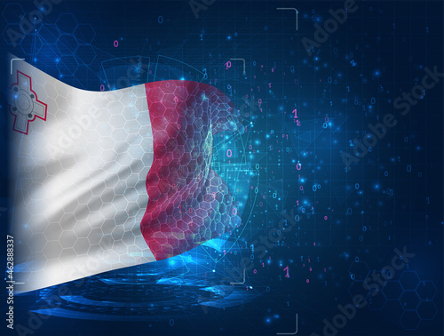 Malta, vector 3d flag on blue background with hud interfaces