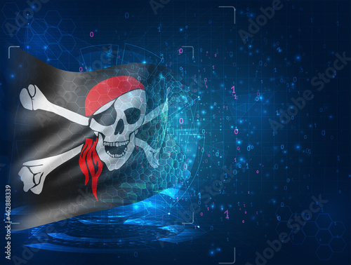 skull with pirate bones vector 3d flag on blue background with hud interfaces