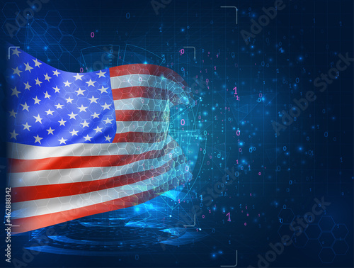 usa, america, vector 3d flag on blue background with hud interfaces