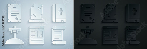 Set Obituaries, Holy bible book, Grave with cross, Decree, parchment, scroll, Old grave tombstone and Death certificate icon. Vector