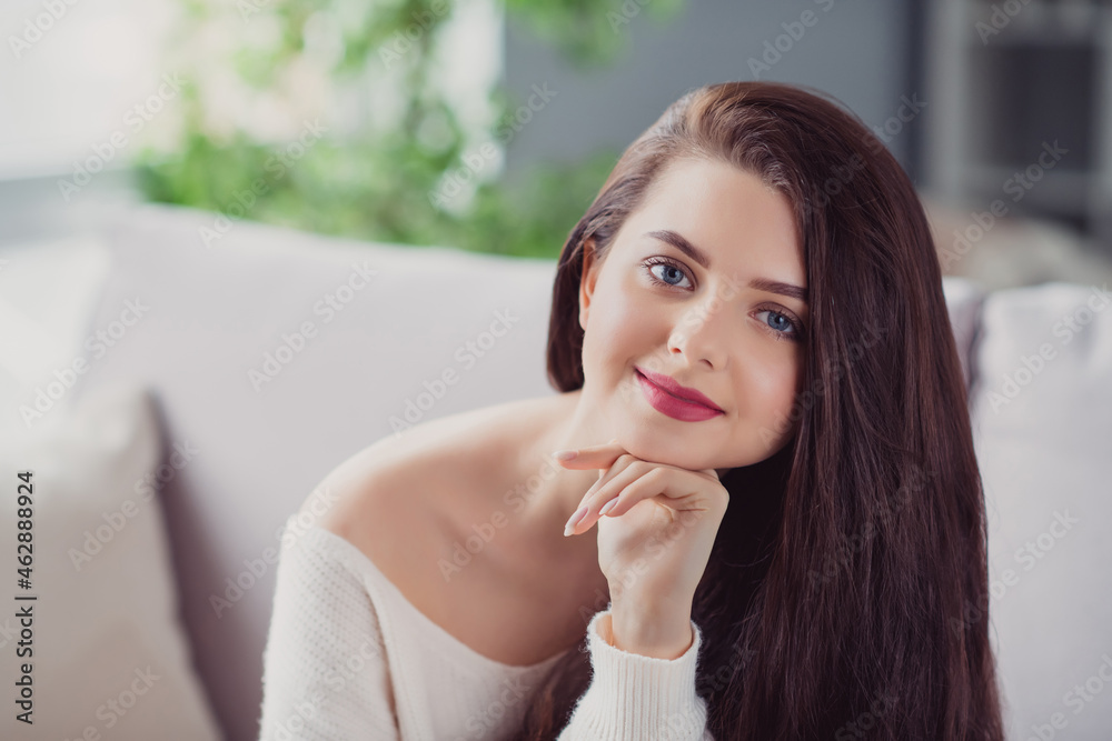 Photo of young pretty lovely brunette hair girl home sit couch dream enjoy free-time rest cozy weekend Photo of young pretty lovely brunette hair girl home sit couch dream enjoy free-time rest cozy weekend