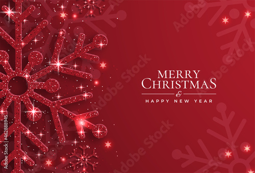 Christmas background with shining red snowflakes and snow. Merry Christmas card illustration on red background. Sparkling red snowflakes with glitter texture