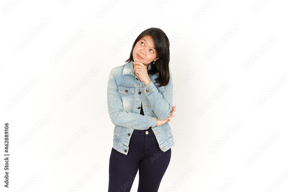 Thinking of Beautiful Asian Woman Wearing Jeans Jacket and black shirt Isolated On White Background Thinking of Beautiful Asian Woman Wearing Jeans Jacket and black shirt Isolated On White Background