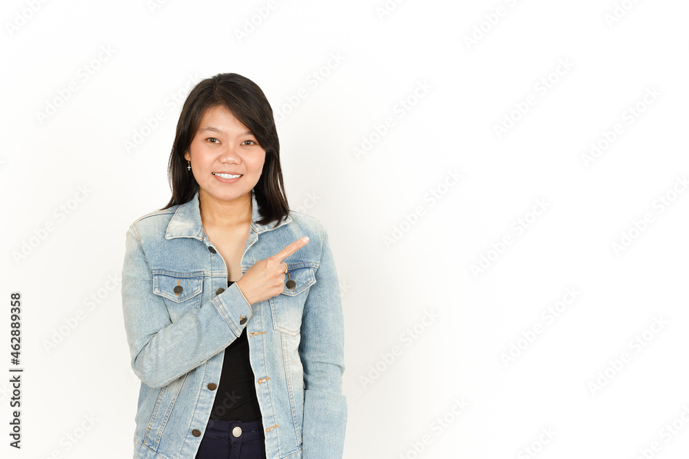 Showing and Pointing Right Side of Beautiful Asian Woman Wearing Jeans Jacket and black shirt Isolated On White Background Showing and Pointing Right Side of Beautiful Asian Woman Wearing Jeans Jacket and black shirt Isolated On White Background