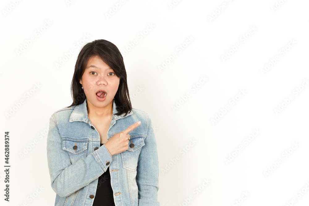 Showing and Pointing Right Side of Beautiful Asian Woman Wearing Jeans Jacket and black shirt Isolated On White Background Showing and Pointing Right Side of Beautiful Asian Woman Wearing Jeans Jacket and black shirt Isolated On White Background