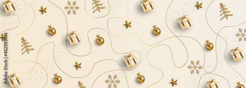 Christmas banner. Xmas object background viewed from above with golden lines. White background. 
