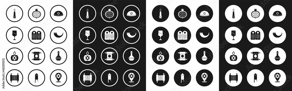 Set Jewish kippah, Tombstone with star of david, goblet, Burning candle, Traditional ram horn, shofar, Pomegranate, wine bottle and icon. Vector Set Jewish kippah, Tombstone with star of david, goblet, Burning candle, Traditional ram horn, shofar, Pomegranate, wine bottle and icon. Vector