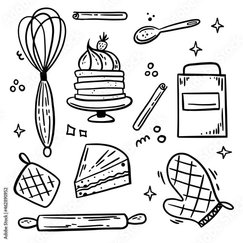 Pastry confectionary vector doodle set with kitchen utensil, mitten, rolling pin, flour container. Cake cooking with spoon, cinnamon.