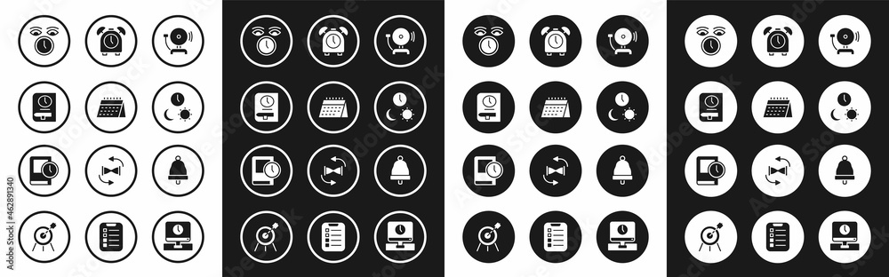 Set Ringing alarm bell, Calendar, Time for book, Clock, Day and night with time, Alarm clock, and icon. Vector Set Ringing alarm bell, Calendar, Time for book, Clock, Day and night with time, Alarm clock, and icon. Vector