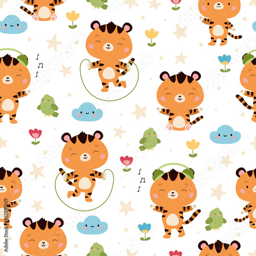 Seamless pattern with cute cartoon tigers, skipping rope and headphones for music. Kawaii characters. Jungle animals. Doodle flowers. Vector illustration.