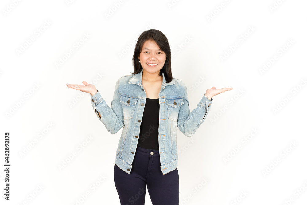Showing Two Product on Open Palm of Beautiful Asian Woman Wearing Jeans Jacket and black shirt Isolated On White Background Showing Two Product on Open Palm of Beautiful Asian Woman Wearing Jeans Jacket and black shirt Isolated On White Background