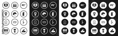 Set Submachine gun M3, Military helmet, Target sport, Hand smoke grenade, Bullet, Police rubber baton and rank icon. Vector